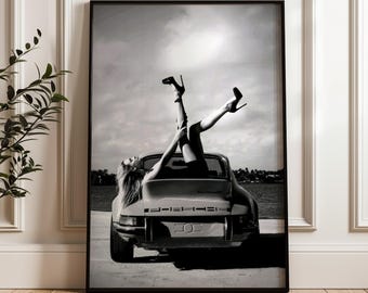 Woman On Vintage Car, Black And White Wall Art Print, Retro Photography Poster
