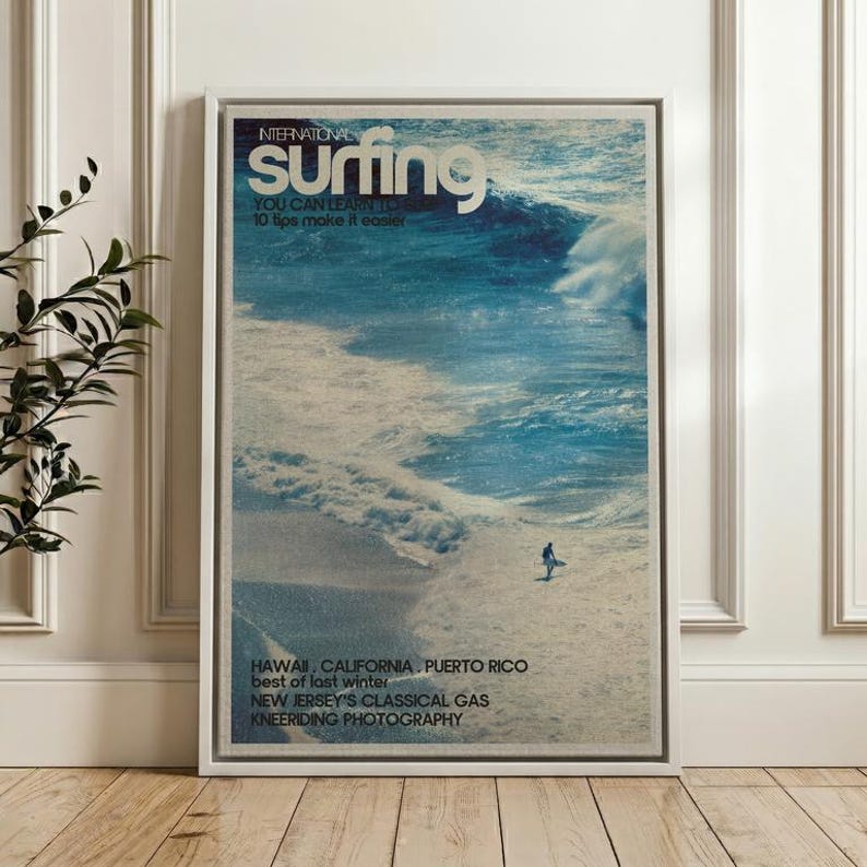Surfer On Ocean Wave, Vintage Surf Poster, Coastal Wall Art Print Floating Frame Canvas - White