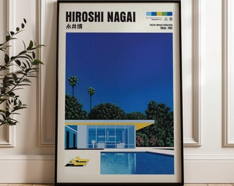 Op de afbeelding: Ingelijste kunstdruk met een levendige illustratie van Hiroshi Nagai. Het kunstwerk toont een modernistische woning met een zwembad onder een diepblauwe hemel. De print bevat tekst in het Engels en Japans, met de titel "Hiroshi Nagai" prominent weergegeven.