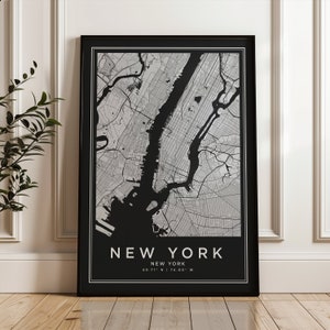 Affiche de carte de New York, carte de New York, affiche de carte dessin au trait, impression carte de la ville, affiche noire, impression de carte dessin au trait, art mural New York, carte minimaliste