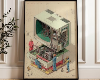 May include: Isometric illustration of a vintage computer with its components exposed, showcasing internal wiring and parts. The artwork features figures in blue and red working on the machine, set against a blueprint-style background, framed in black.
