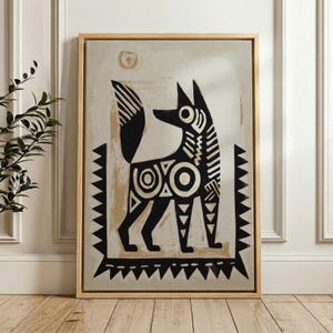 Traditional Mexican Dog Poster - Traditional Folk Art Print on Matte Paper Floating Frame Canvas - Natural Oak