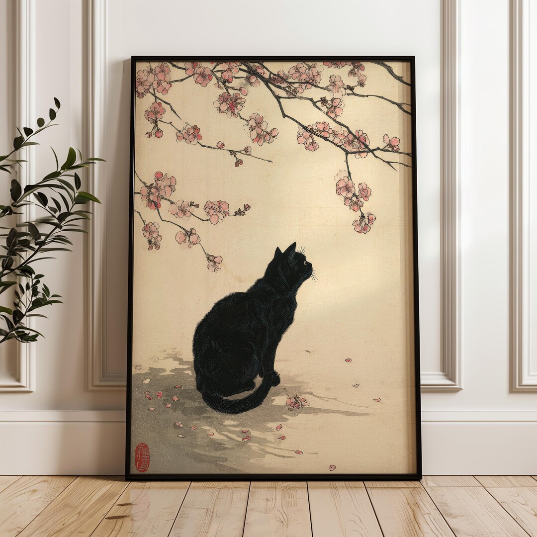 Black Cat and Cherry Blossoms, Japanese Ukiyo-e Wall Art Print, Vintage ...