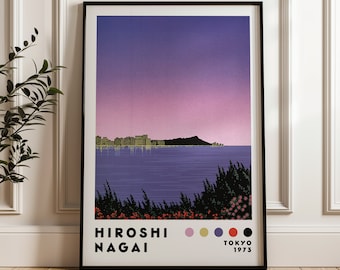 May include: A purple and pink sunset over a city skyline with a mountain in the distance. The image is in a black frame with the text "HIROSHI NAGAI TOKYO 1973" and a color palette below.
