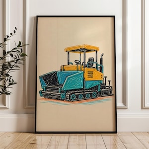 May include: A framed wall art print featuring a sketch-style illustration of a construction paver machine. The vehicle is rendered in vibrant yellow and teal colours with black outlines, set against a light beige background.