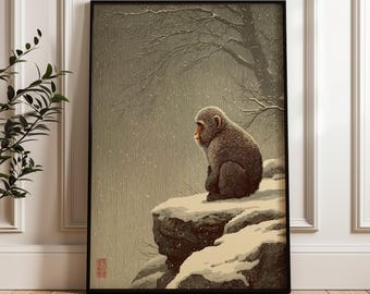 Japanese Macaque, Traditional Japanese Wall Art Print, Ukiyo-e Poster