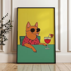 Funny Dog Poster, Partying Dog, Cartoon Poster, Nursery Print, Yellow and Green Poster, Maximalist Poster, Livingroom Wall Art