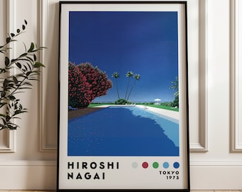 May include: A framed poster with a blue and white color scheme. The poster features a swimming pool with palm trees and a blue sky. The text "HIROSHI NAGAI TOKYO 1973" is at the bottom of the poster.