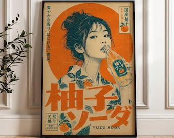 Japanese Woman Drinking Yuzu Soda, Vintage Retro Advertisement Wall Art Print, Poster