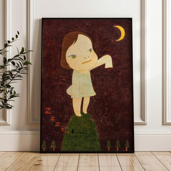 Yoshitomo Nara ポスター　￼INA modern Girl Under Crescent Moon, Yoshitomo Nara Wall Art Print