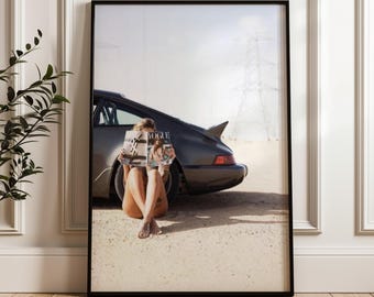 Woman Reading Vogue Magazine, Vintage Car Wall Art Print, Lifestyle Photography Poster