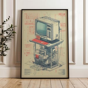 May include: Framed print of a vintage computer setup. The artwork features a retro television monitor, a red keyboard, and intricate internal components. The color palette includes beige, red, and blue tones, creating a nostalgic aesthetic. The print is displayed in a black frame.