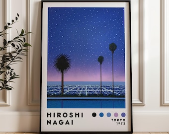 Pode incluir: Um pôster de estilo retro com um céu noturno azul cheio de estrelas, três palmeiras e um horizonte da cidade à distância. O pôster tem o texto "HIROSHI NAGAI" e "TOKYO 1973" na parte inferior.