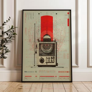May include: Framed print featuring a vintage radio design with a red vertical stripe and intricate red line drawings on a light green background. The radio is detailed with dials and a circular display, set against a backdrop of technical diagrams.