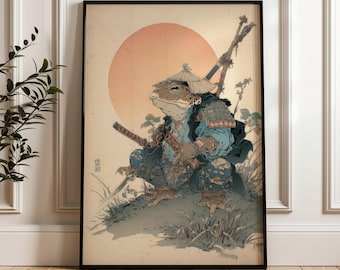 Rana samurái, impresión artística de tinta japonesa, póster de anime vintage