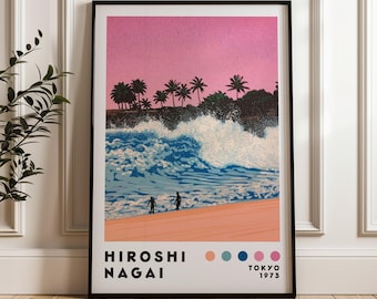 May include: A vintage poster with a pink and blue color scheme featuring a wave crashing on a beach with two figures walking on the sand. Palm trees are silhouetted against a pink sky. The poster is titled "Hiroshi Nagai" and includes the text "Tokyo 1973".
