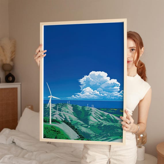 Wind Turbines Landscape, Hiroshi Nagai Wall Art Print, Japanese