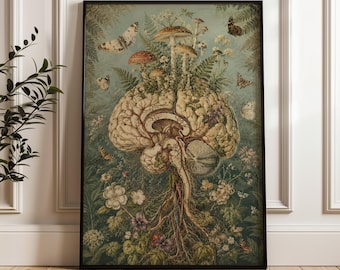 Pode incluir: Uma impressão de arte de parede vertical emoldurada apresentando uma ilustração anatômica detalhada de um cérebro humano. O cérebro é retratado com cogumelos e samambaias crescendo no topo, enquanto raízes se estendem para um jardim.