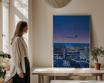 Airplane Flying Over Cityscape, Hiroshi Nagai Wall Art Print