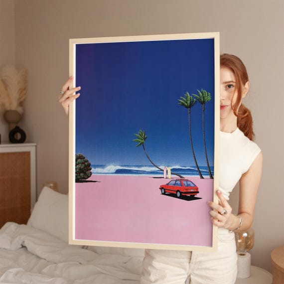 Retro Red Car and Surfboards, Hiroshi Nagai Wall Art Print