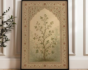 Pode incluir: Uma impressão de arte de parede emoldurada apresentando uma ilustração central de uma árvore em flor com pétalas brancas e folhas verdes, dentro de uma borda arqueada decorada com padrões florais intrincados em tons de bege, castanho e verde suave.