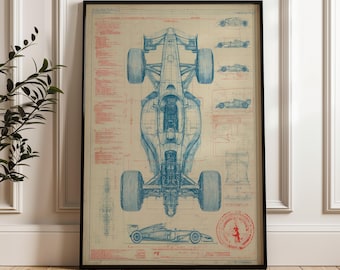 Formula 1 Car Blueprint Wall Art Print, Technical Illustration Poster