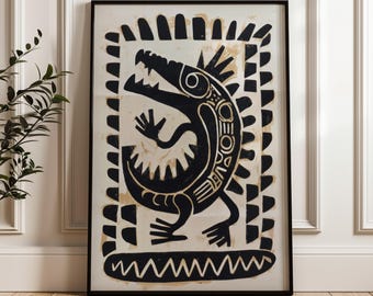 Traditional Mexican Crocodile Poster - Abstract Geometric Folk Art Print on Matte Paper