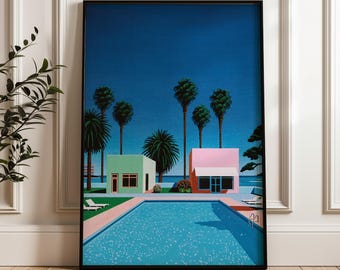 May include: Framed art print featuring a retro-style illustration of a swimming pool, palm trees, and buildings under a deep blue sky. The artwork has a minimalist aesthetic with pastel colors and a serene atmosphere.
