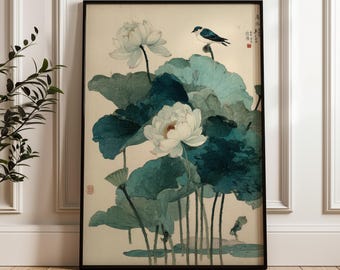 Lotus And Bird, Traditional Japanese Wall Art Print, Vintage Botanical Poster