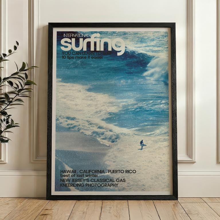 Surfer on Ocean Wave, Vintage Surf Poster, Coastal Wall Art Print