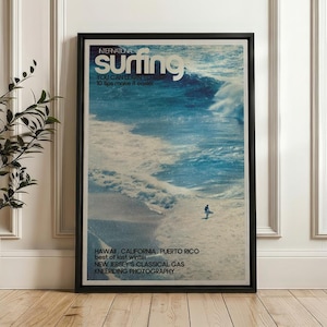 Surfer On Ocean Wave, Vintage Surf Poster, Coastal Wall Art Print Floating Frame Canvas - Black