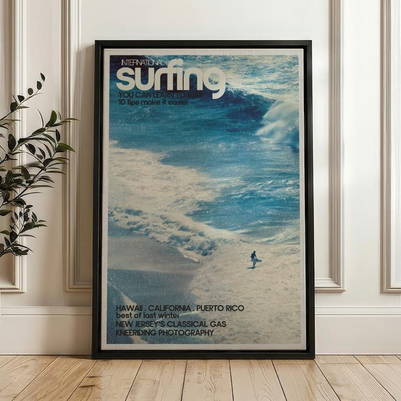 Surfer On Ocean Wave, Vintage Surf Poster, Coastal Wall Art Print Floating Frame Canvas - Black