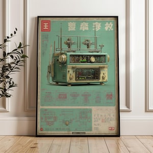 May include: Framed vintage-style poster featuring a teal radio with intricate details, antennas, and dials. The poster has Chinese characters and technical diagrams on a teal background, framed in black.