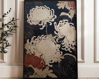 日本画 菊の花 絵画　レトロ　希少 菊の和風版画：ヴィンテージ花イラスト - Etsy 日本