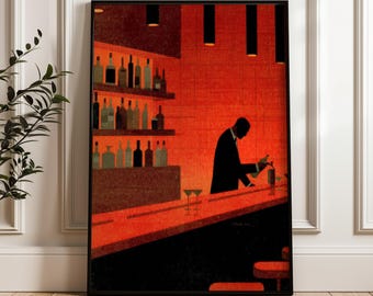 Silhouette Bartender, Retro Wall Art Print, Mid-century Modern Poster