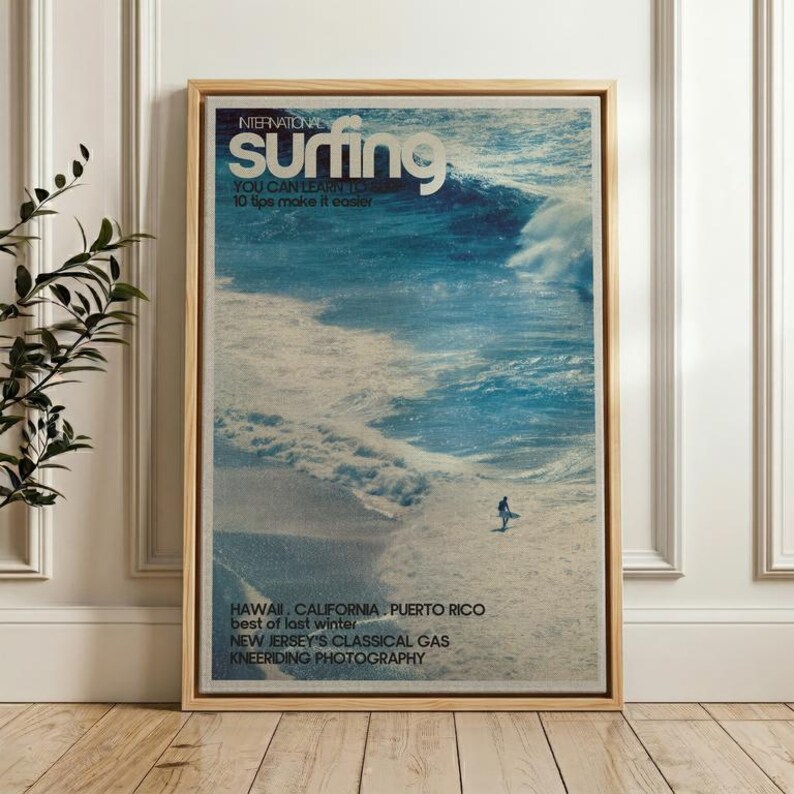 Surfer On Ocean Wave, Vintage Surf Poster, Coastal Wall Art Print Floating Frame Canvas - Natural Oak