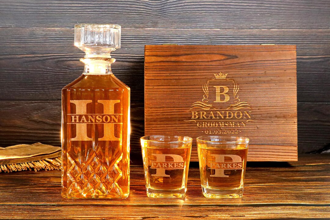 Whiskey Decanter Set With Glasses & Acacia Wood Box - Luxury Home Bar Gift Bundle