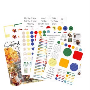 May include: A collection of colorful planner stickers with various designs and text. The stickers include labels for school events, holidays, and notes. The image also features a decorative September page with an illustration of children and autumn trees.
