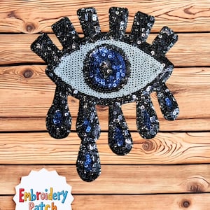 Sequin Evil Eye Drip Patch – Embroidered Iron-On Applique | Protective Eye Patch with Teardrop Design | Boho Sequin Patch for Clothes & Bags
