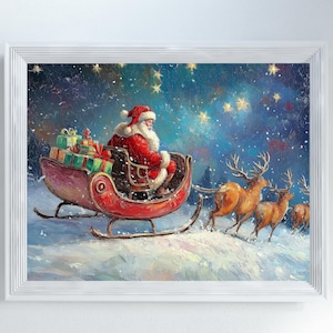 Santa On His Sleigh Painting, Digital Download, Santa Claus Sleigh Reindeer, Christmas Decor, Vintage Santa Claus and Reindeer, Christmas