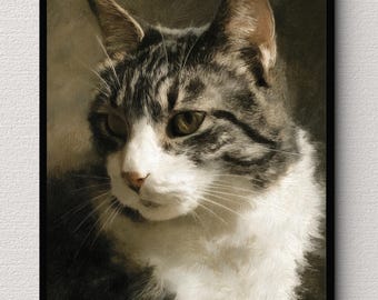 Puede incluir: Retrato enmarcado de un gato doméstico. El gato tiene el pecho y la cara blancos, con rayas grises y negras en la cabeza y la espalda. El gato mira hacia la izquierda, con ojos verdes y nariz rosada. La obra de arte es de estilo pictórico.
