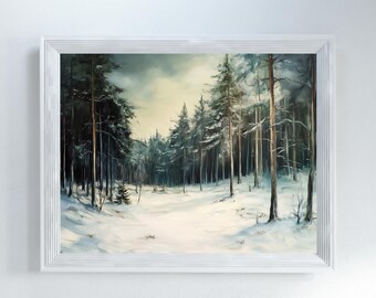 Winter Pine Forest Oil Painting Art Print: Rustic Landscape (Digital Download)