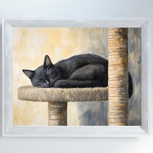 Black Cat Sleeping Painting Digital Download Sleeping Cat Art Cozy Feline Print Cat Lover Gift Pet Portrait Decor Cat Wall Art Pet Painting