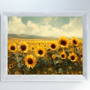Field Of Sunflowers Painting, Downloadable Sunflower Art, Vintage Oil Painting of Sunflowers, Sunflower Landscape Print, Digital Sunflowers