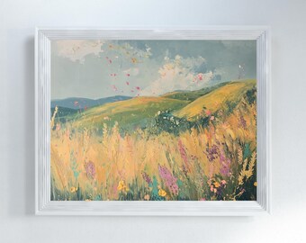 May include: A painting of a field of wildflowers in a landscape setting. The field is in the foreground, with rolling hills in the background. The sky is a light blue with white clouds. The painting is done in a realistic style with a focus on the details of the flowers.