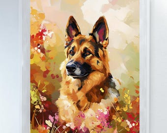 ヴィンテージのジャーマンシェパードの油絵：農家の犬アート（デジタル