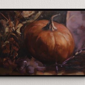 May include: Oil painting of a pumpkin with a dark brown stem, set against a backdrop of muted purples and browns. The artwork is framed in a black rectangular frame, creating a classic still life composition.