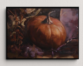 Vintage Pumpkin Still Life Painting: Neutral Fall Decor (Digital Download