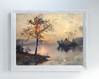 Vintage Lake House Painting: Printable Lakeside Landscape Art (Digital Download)