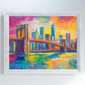 New York City Brooklyn Bridge Landmark Oil Painting Style Wall Art Digital Download Cityscape Art Poster Print Home Office Room Decor Gifts